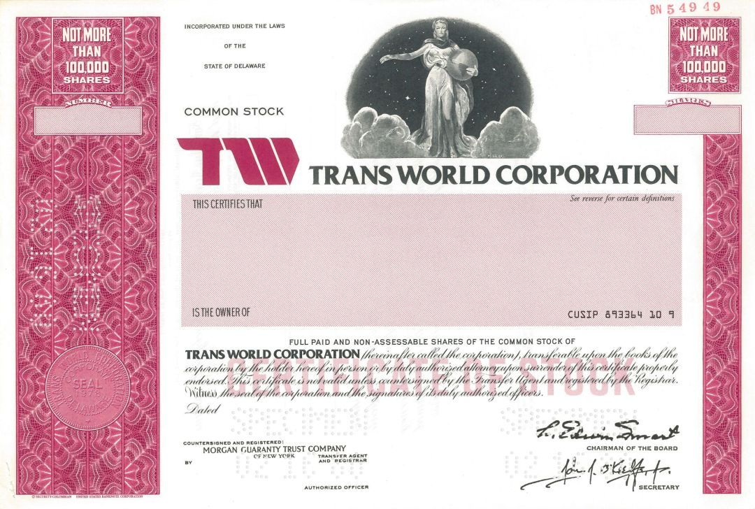 Trans World Corporation - TWC - 1980 dated Specimen Stock Certificate