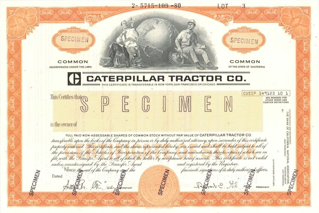 Caterpillar Tractor Co. - Specimen Stocks and Bonds