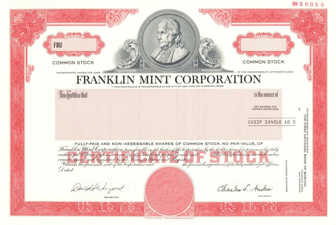 Franklin Mint Corp. - 1978 dated Specimen Stock Certificate