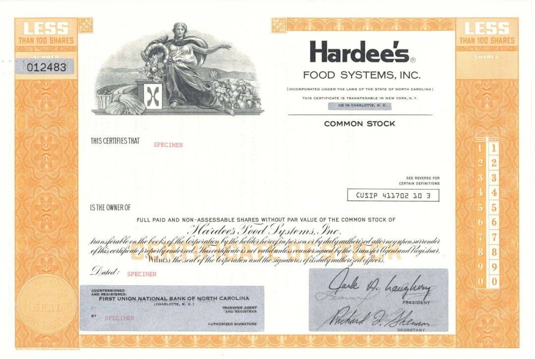 Hardee's Food Systems, Inc. - Specimen Stock Certificate