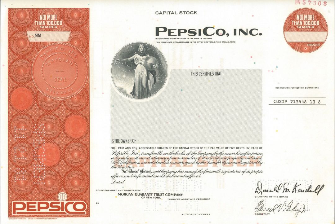 Pepsico, Inc. - 1970's-80's dated Specimen Stock Certificate - Pepsi Company