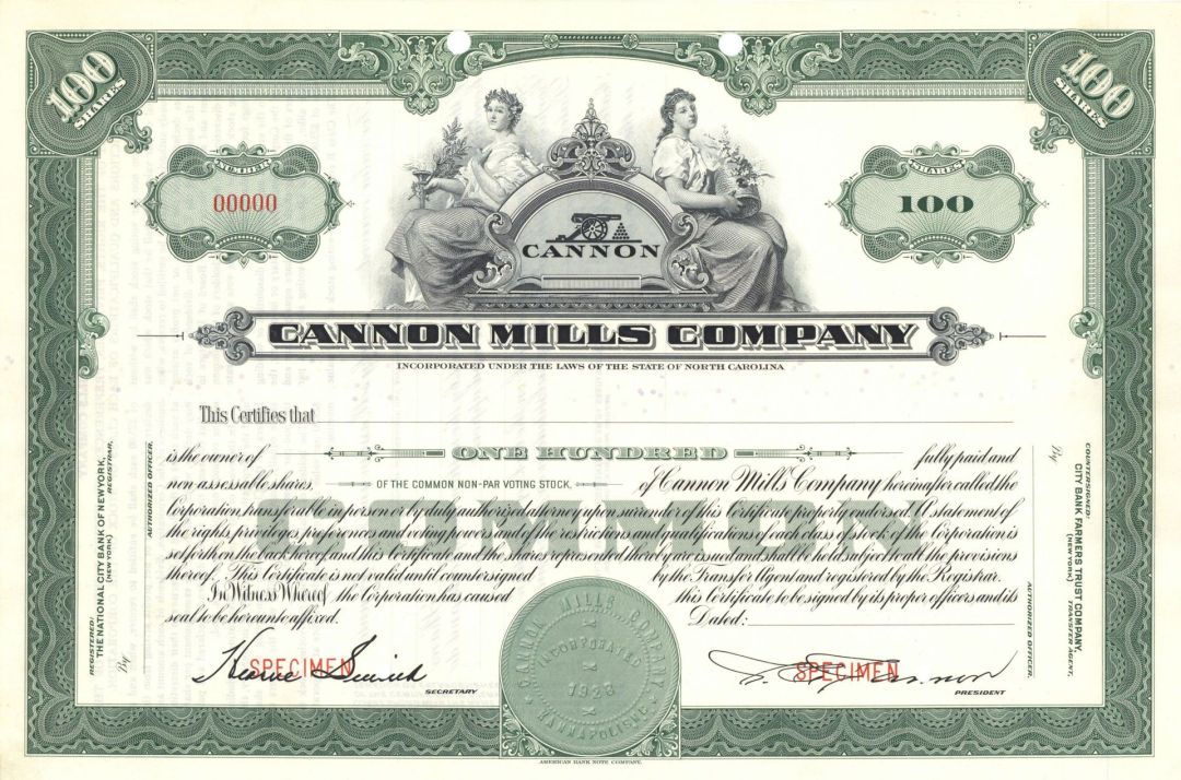 Cannon Mills Co. - Textile Manufacturing Company Specimen Stock Certificate