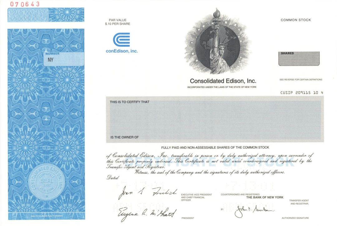 Consolidated Edison, Inc. - Specimen Stock Certificate