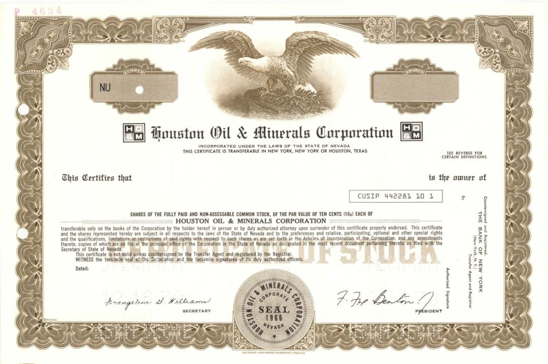 Houston Oil and Minerals Corp. - Specimen Stock Certificate