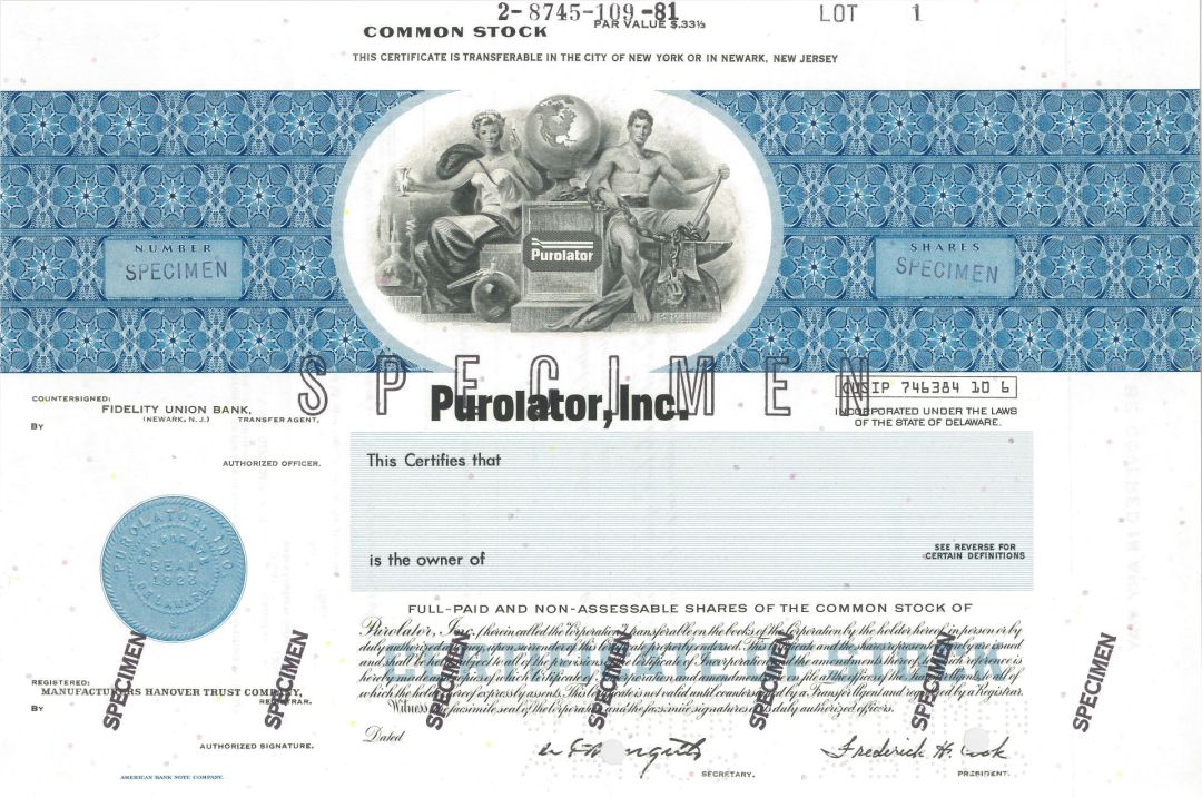 Purolator, Inc. - Specimen Stock Certificate