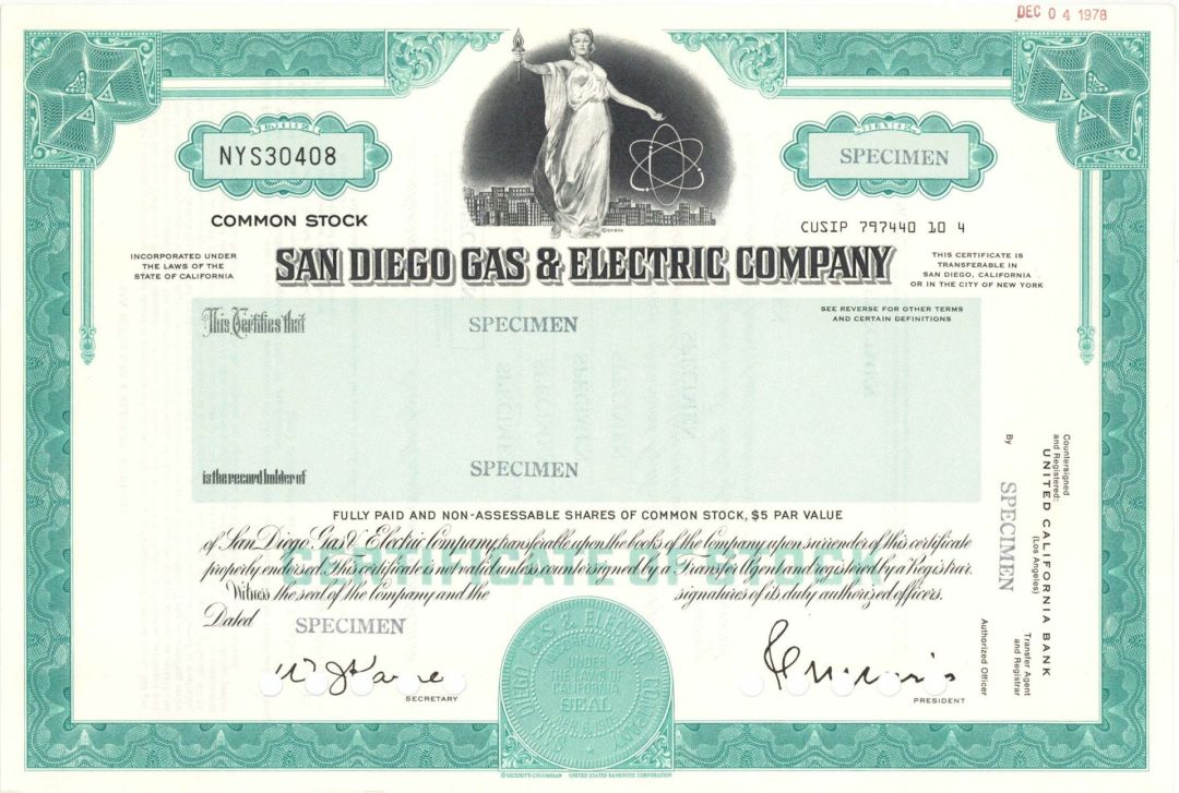 San Diego Gas and Electric Co. - Utility Specimen Stock Certificate