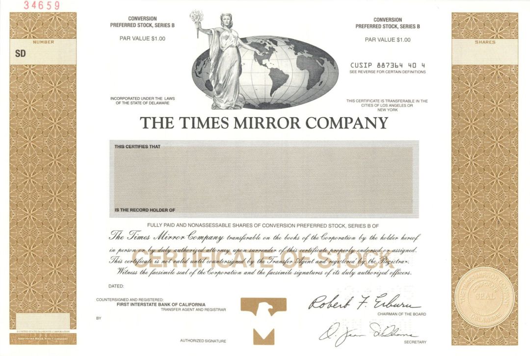 Times Mirror Co. - 1995 Specimen Stock Certificate