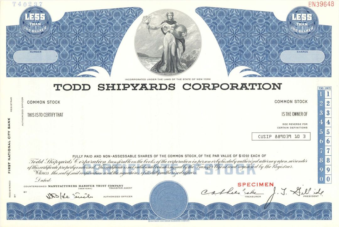 Todd Shipyards Corp. - Specimen Stock Certificate