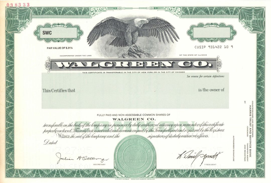 Walgreen Co. - 1995 dated Specimen Stock Certificate