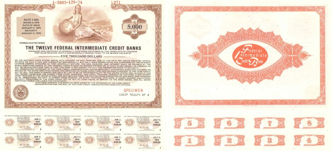 Twelve Federal Intermediate Credit Banks - 1974 dated $5,000 Specimen Bond - Dark Brown and Red