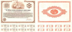 Twelve Federal Intermediate Credit Banks - 1974 dated $5,000 Specimen Bond - Dark Brown and Red