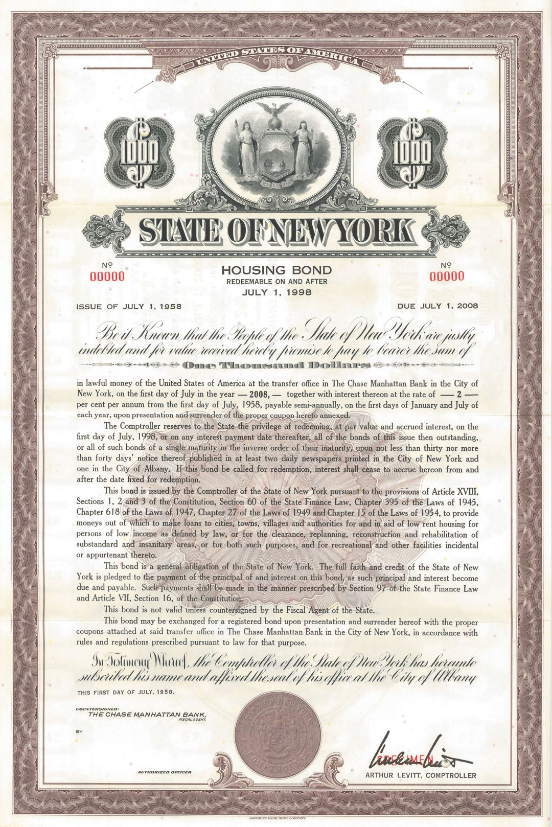 State of New York Housing Bond - 1958 dated Banking Specimen Bond