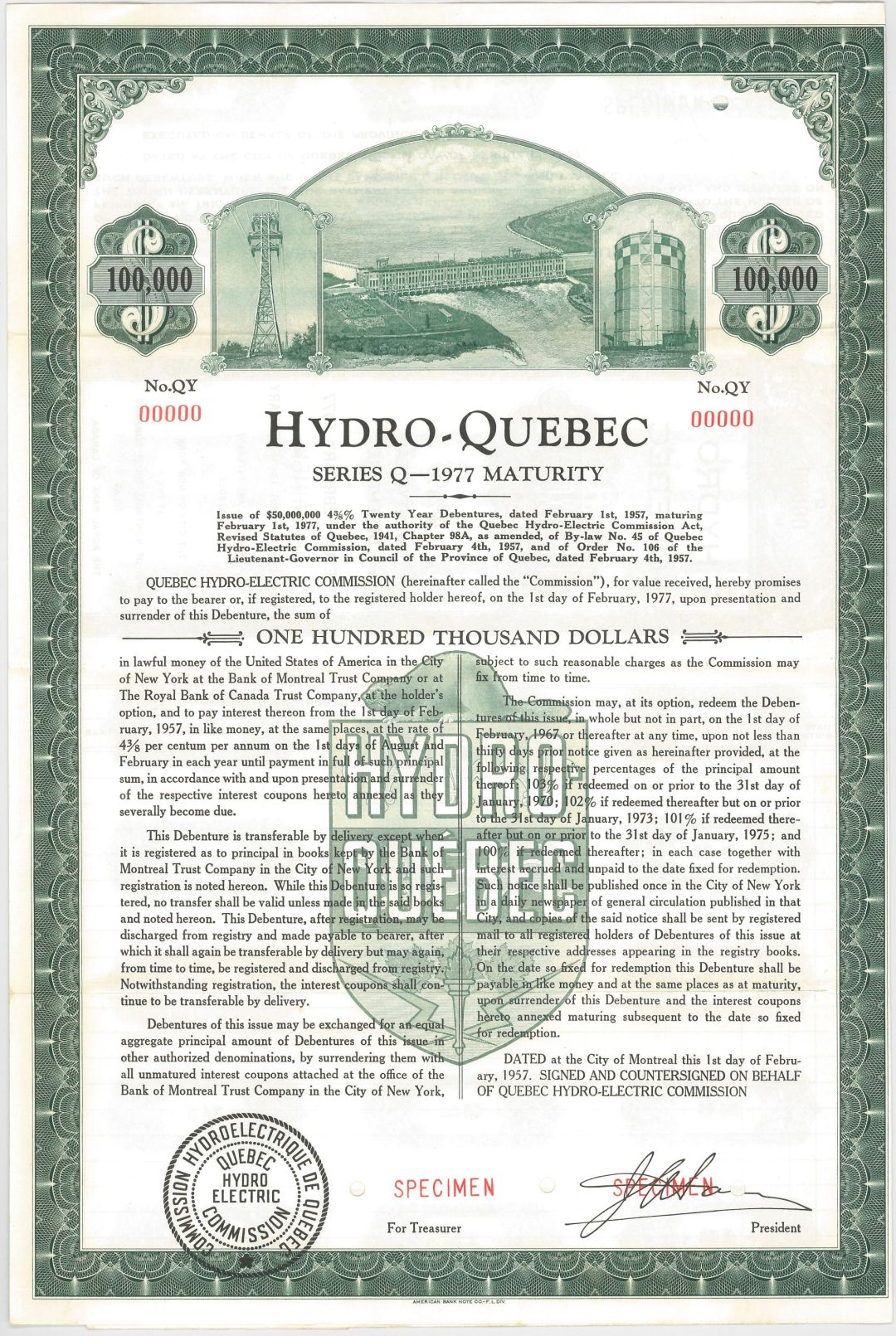 Hydro-Quebec - 1957 dated Canadian $100,000 Specimen Bond - Canada