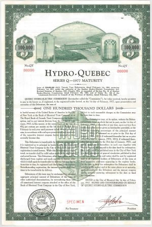 Hydro-Quebec - 1957 dated Canadian $100,000 Specimen Bond - Canada