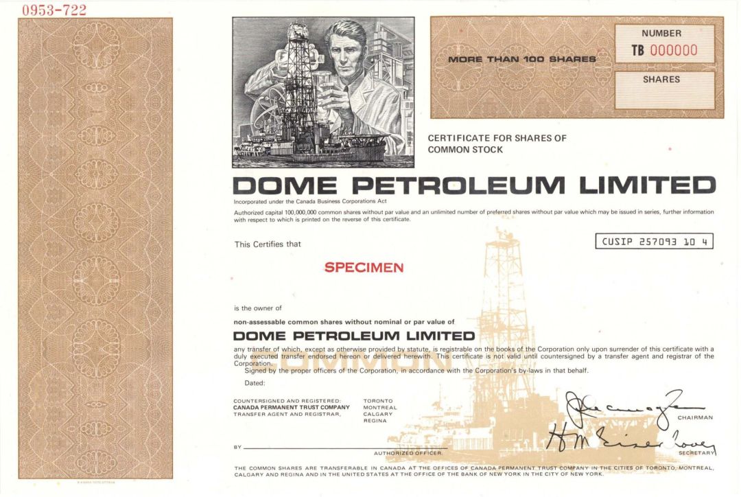 Dome Petroleum Limited - Canadian Specimen Stock Certificate