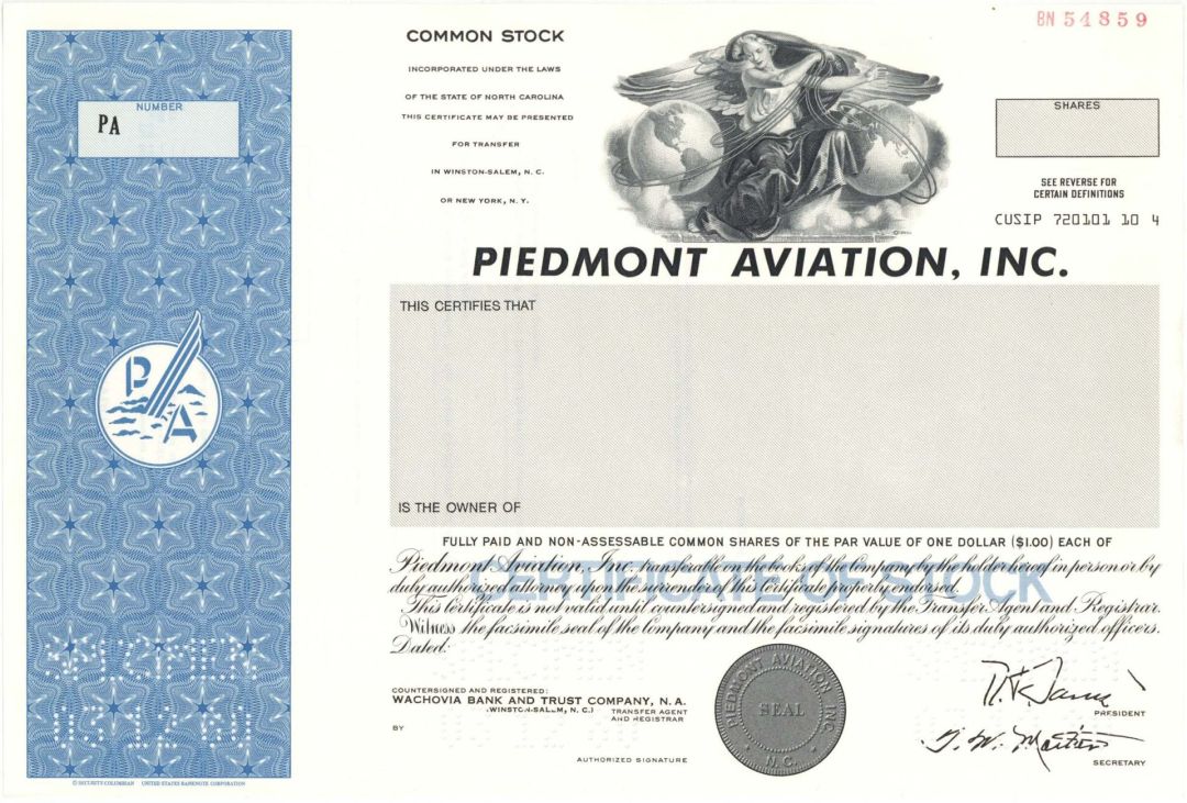 Piedmont Aviation, Inc. - Specimen Stock Certificate