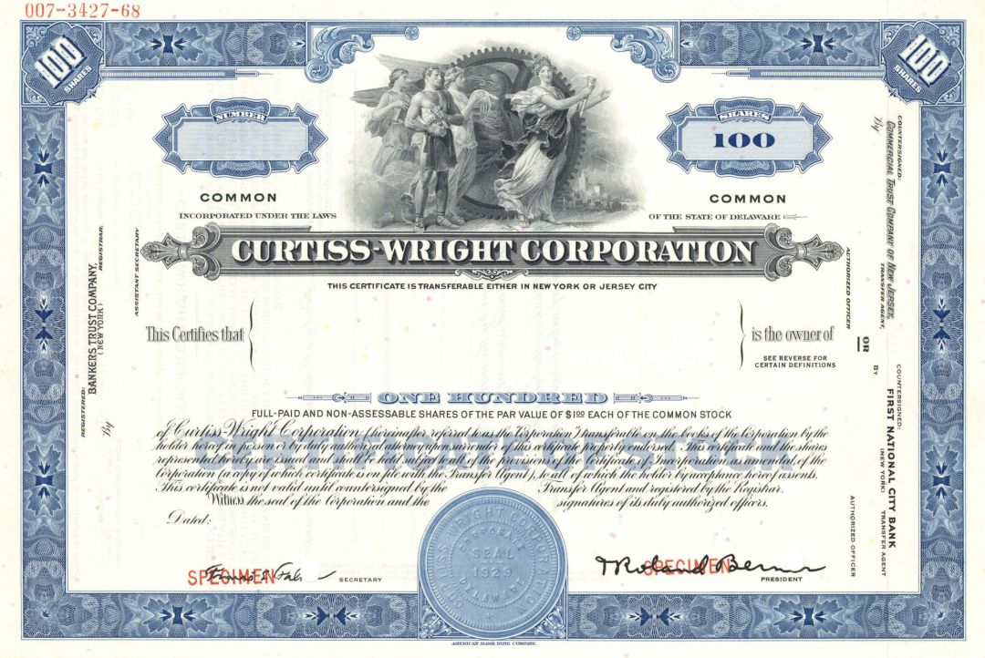 Curtiss-Wright Corporation - Specimen Stock Certificate - Aviation Specimen