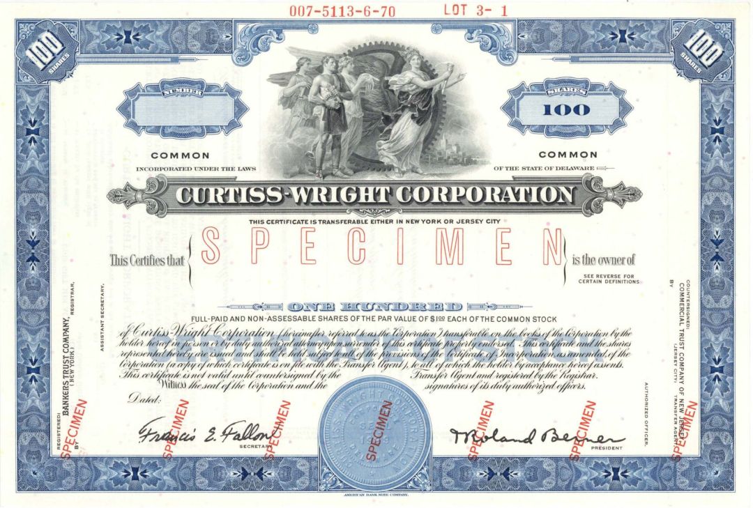 Curtiss-Wright Corp. - Specimen Stock Certificate - Aviation Specimen