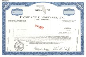 Florida Tile Industries, Inc - Florida Specimen Stock Certificate - Florida Tile