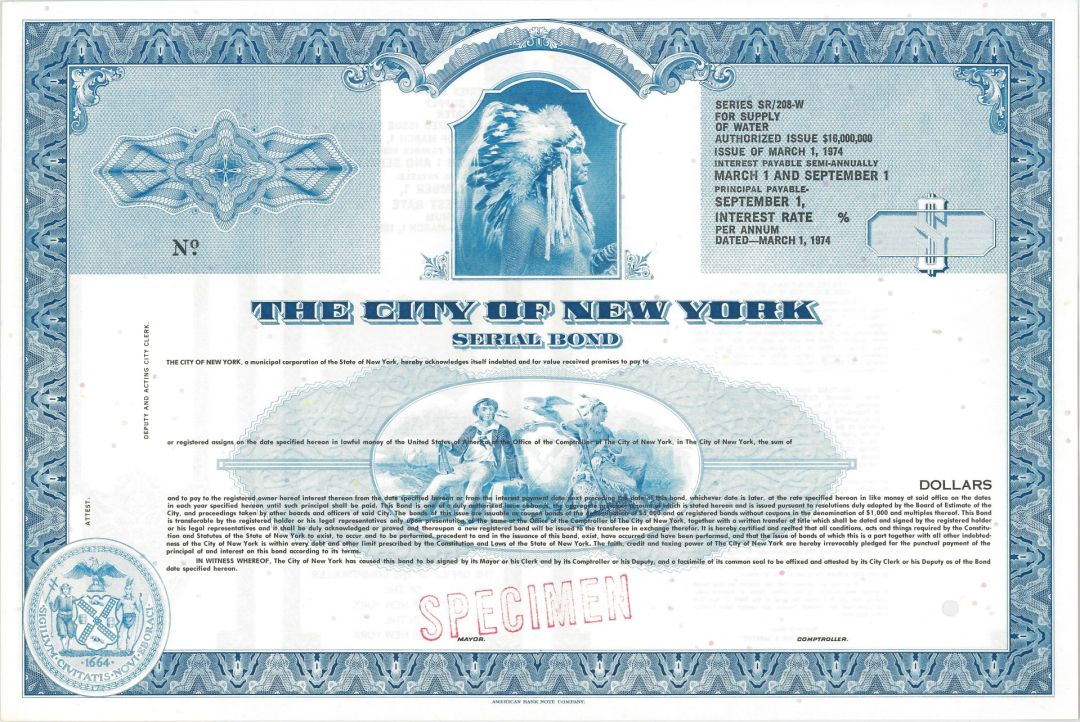 City of New York Serial Bond - Specimen Bond