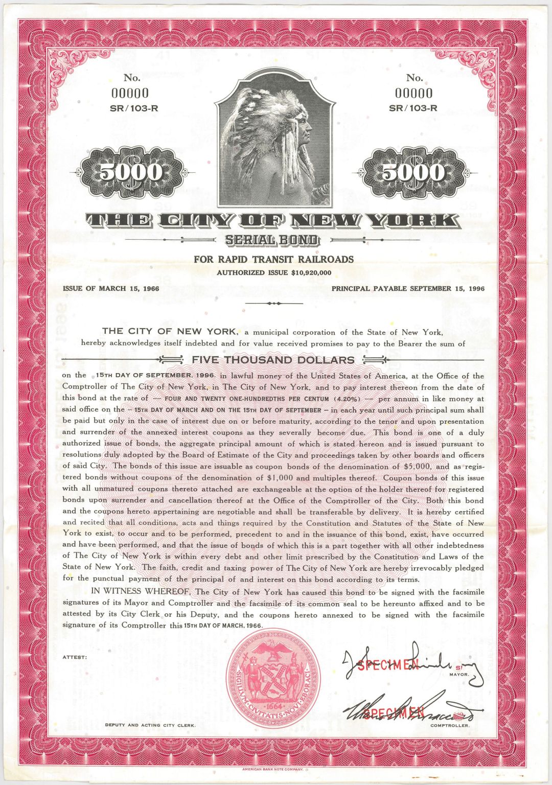 City of New York Serial - $5,000 Specimen Bond