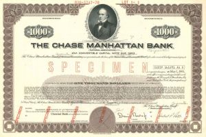 Chase Manhattan Bank - $1,000 Specimen Bond With David Rockefeller's Facimile Signature