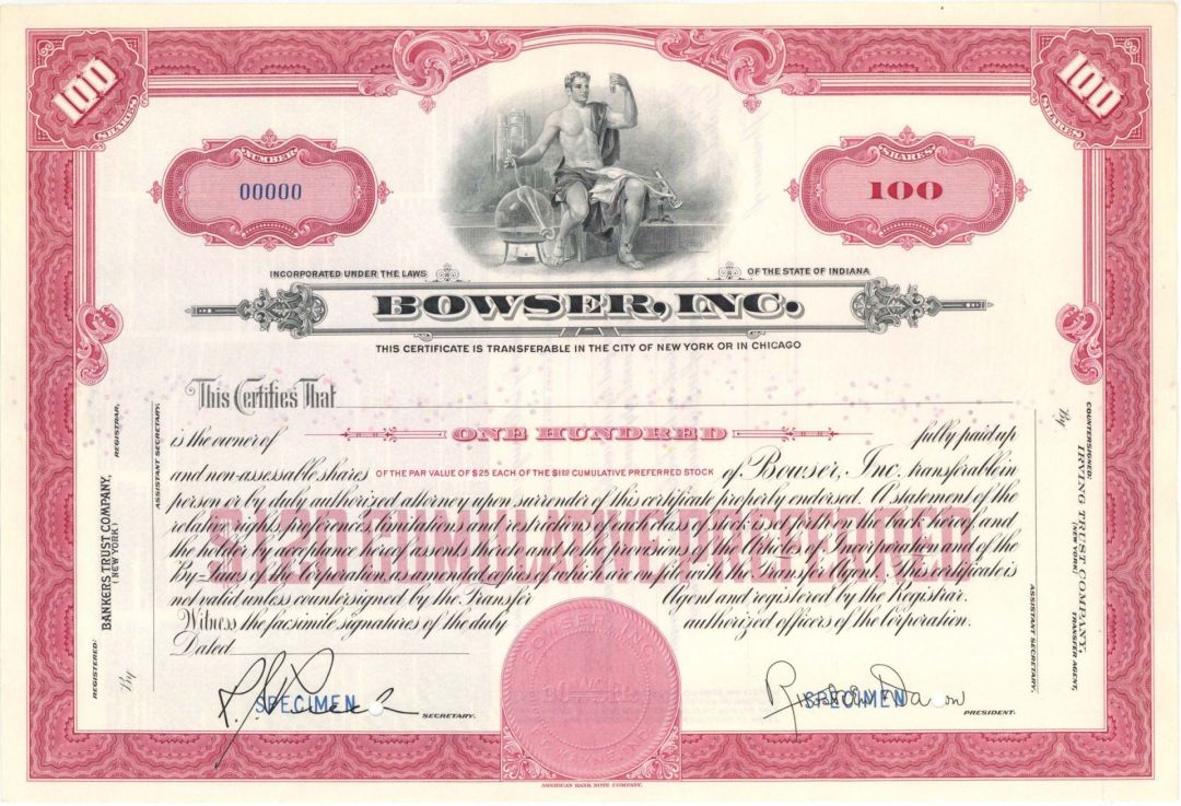 Bowser, Inc. - Specimen Stock Certificate