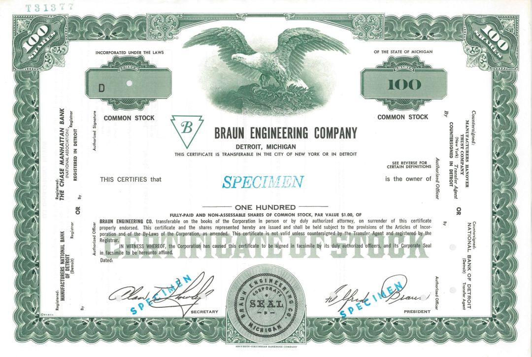 Braun Engineering Co.-1980's dated Automotive Related Specimen Stock Certificate