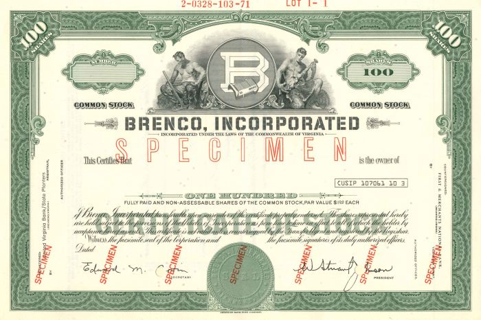 Brenco, Incorporated - Stock Certificate