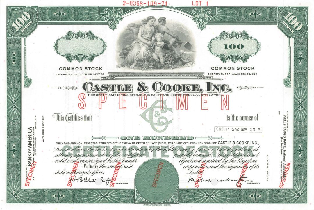 Castle and Cooke, Inc. - Hawaiian Specimen Stock Certificate