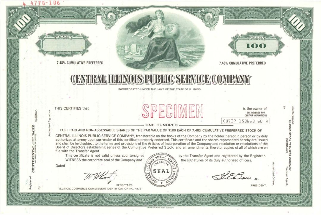 Central Illinois Public Service Co. - Specimen Stock Certificate