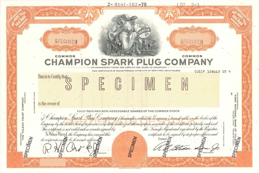 Champion Spark Plug Co. - Specimen Stock Certificate