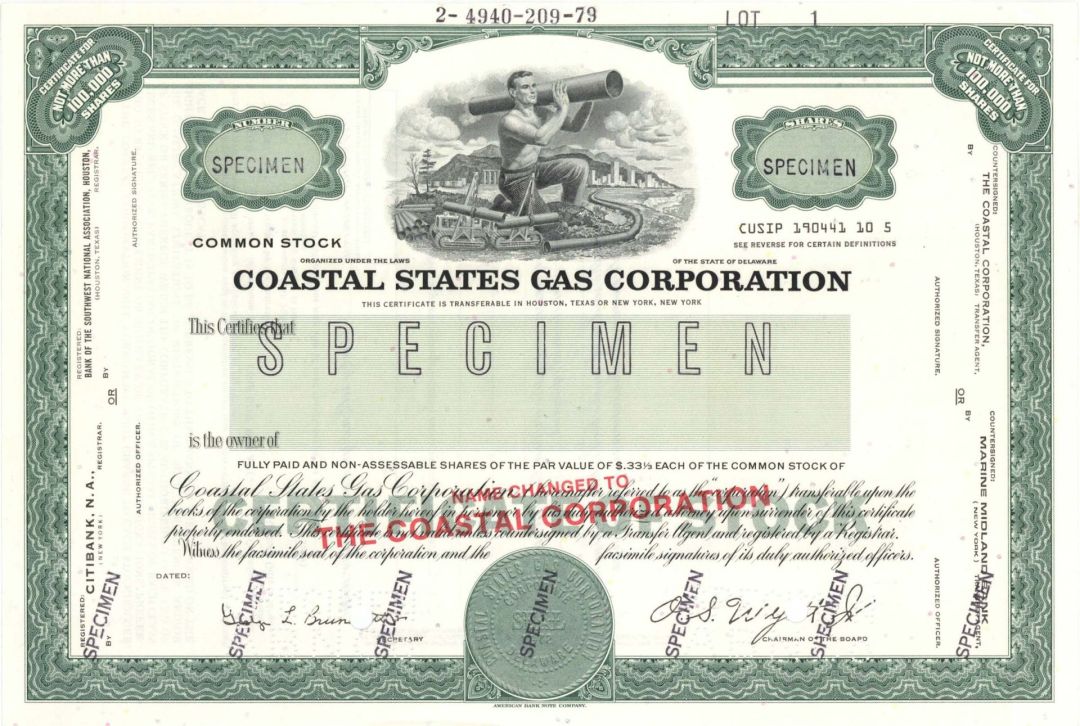 Coastal States Gas Corp. - Specimen Stock Certificate