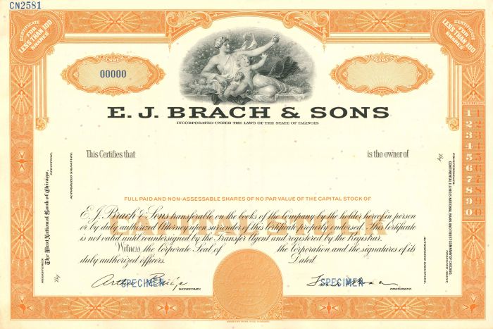 E.J. Brach and Sons - Confectionary Specimen Stock Certificate