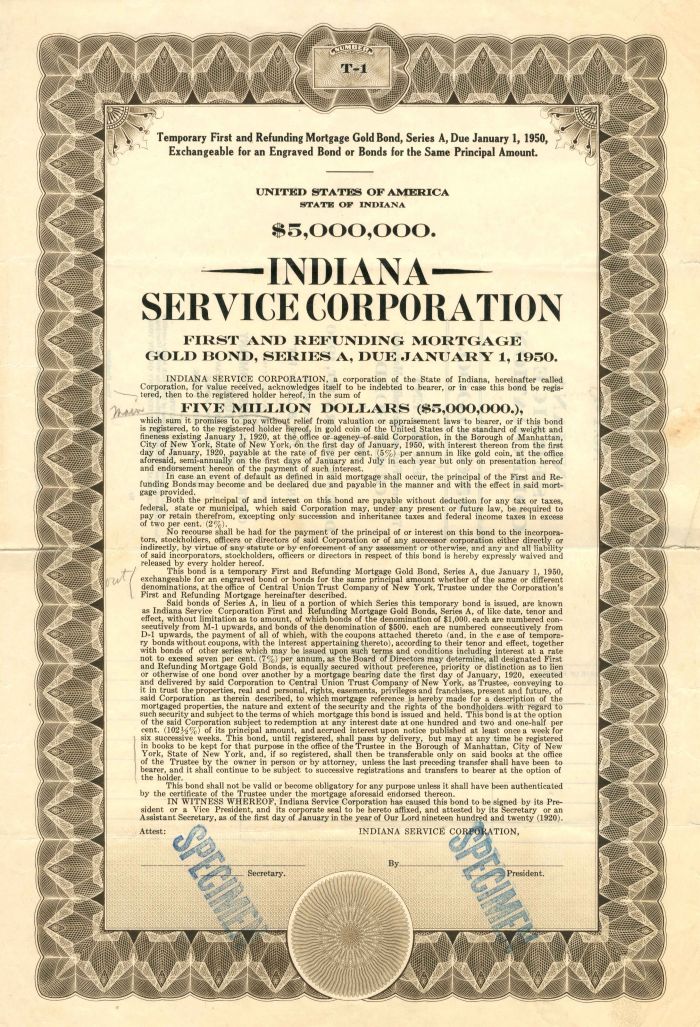 Indiana Service Corporation - $5,000,000 - Bond