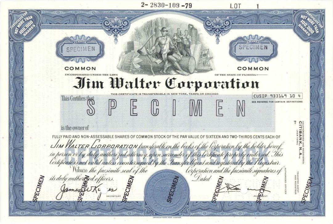 Jim Walter Corp. - Specimen Stock Certificate