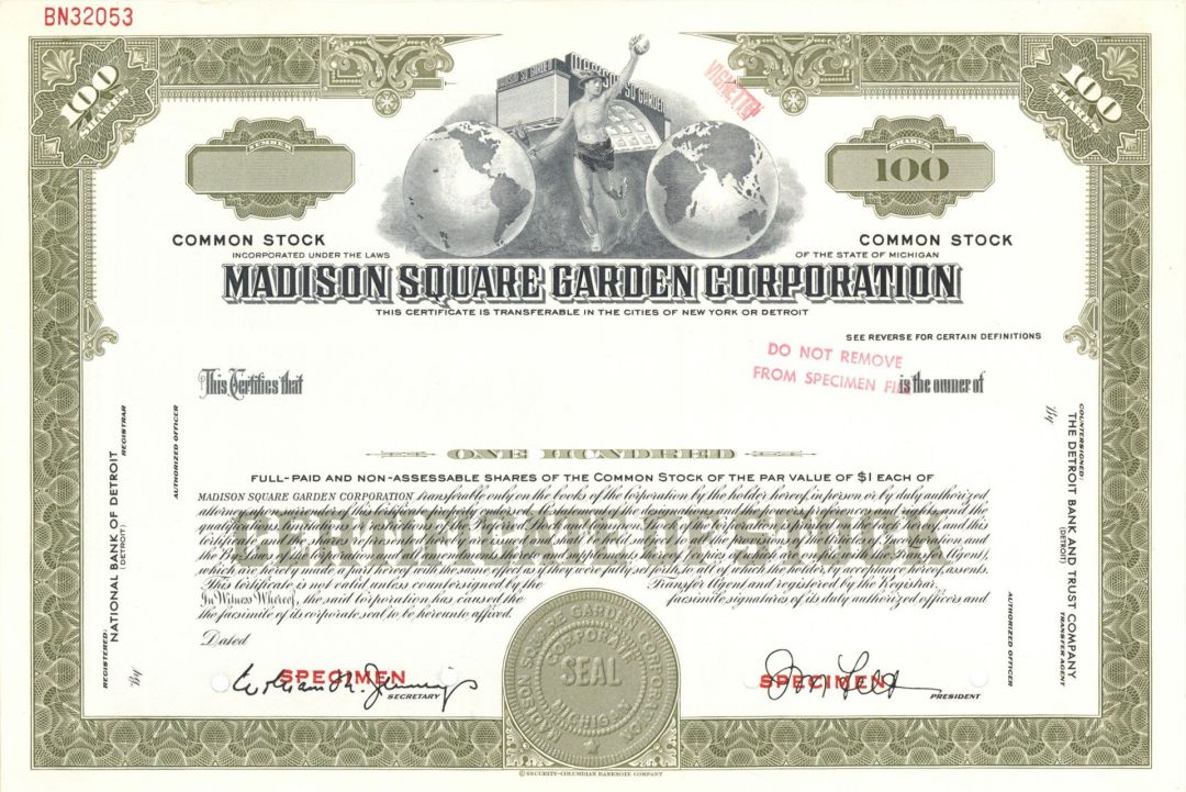 Madison Square Garden Corp. - Specimen Stock Certificate