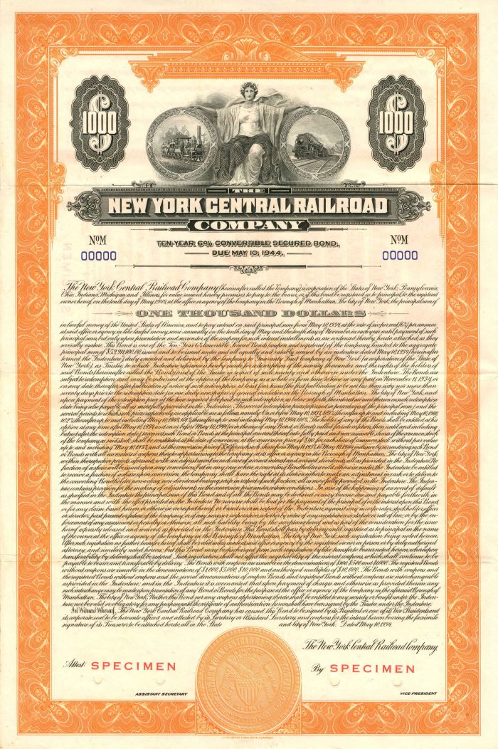 New York Central Railroad Co. - $1,000 Bond