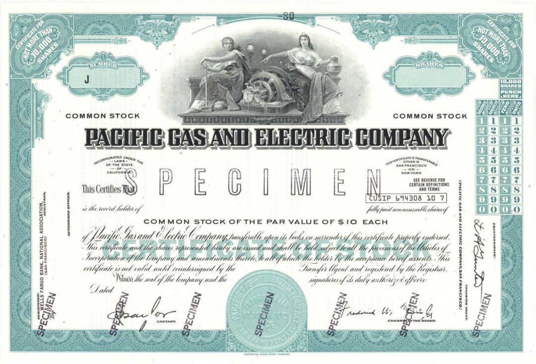 Pacific Gas and Electric Co. - PG&E - Utility Specimen Stock Certificate