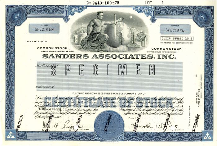 Sanders Associates, Inc. - Stock Certificate