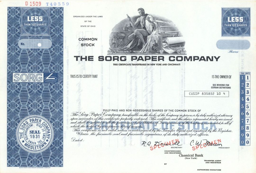 Sorg Paper Co. - Specimen Stock Certificate