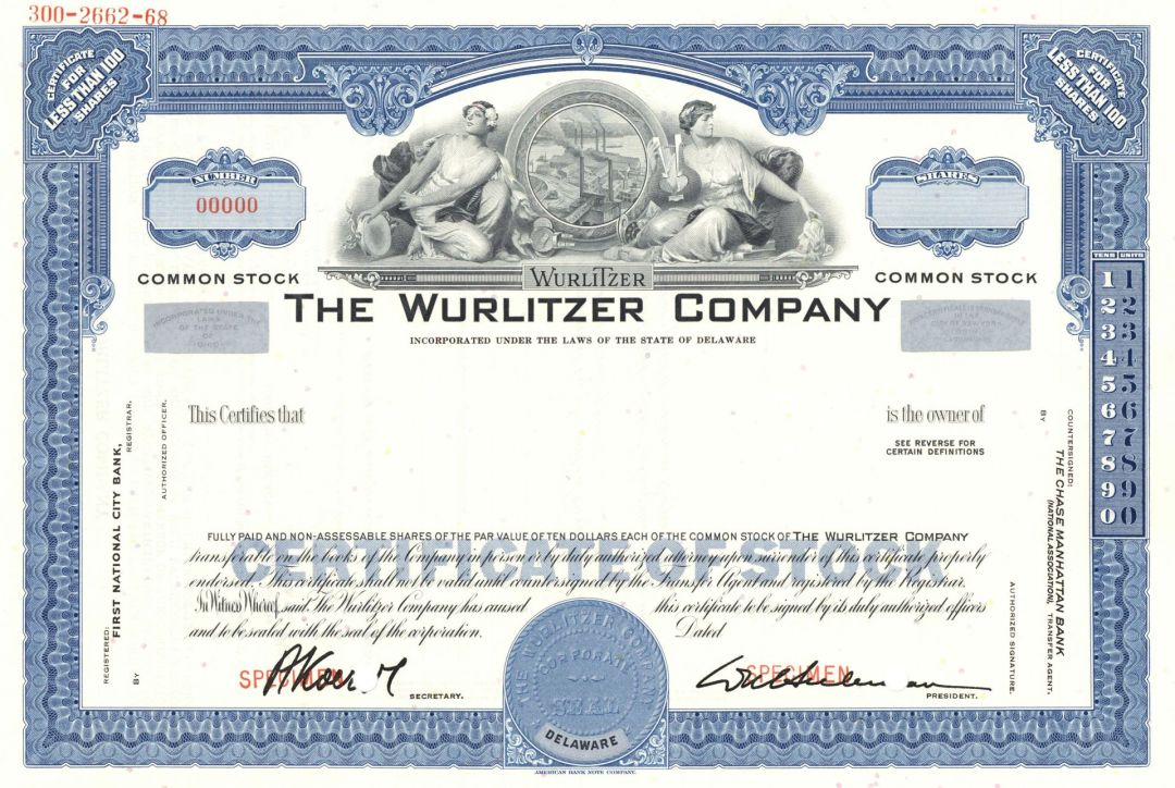 Wurlitzer Co. - Specimemn Stock Certificate - Jukebox Manufacturer