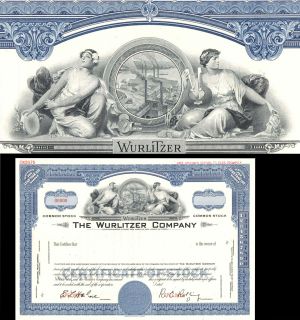 Wurlitzer Co. - Specimen Stock Certificate - Jukebox Manufacturer