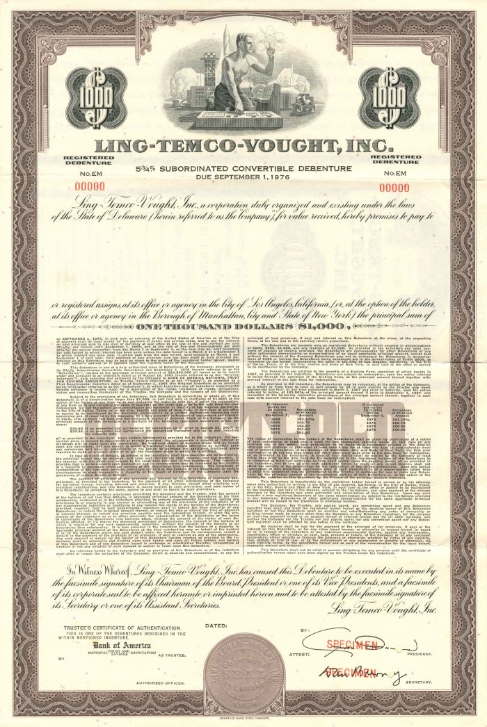 Ling-Temco-Vought, Inc. - $1,000 - Bond