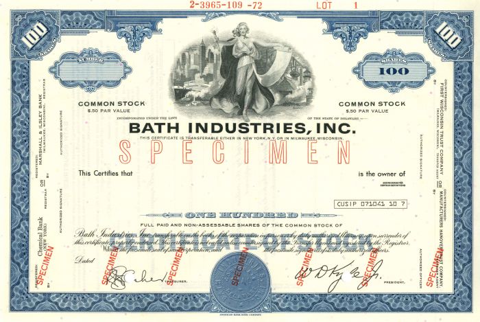 Bath Industries, Inc. - Stock Certificate