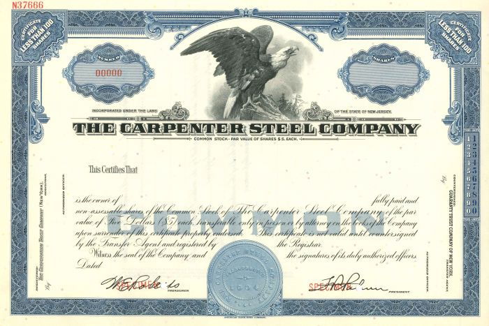 Carpenter Steel Co. - Specimen Stock Certificate