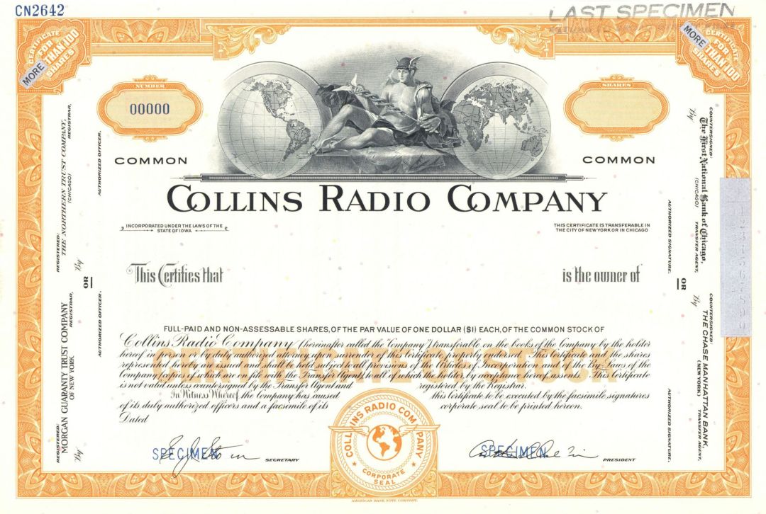 Collins Radio Co. - Specimen Stock Certificate