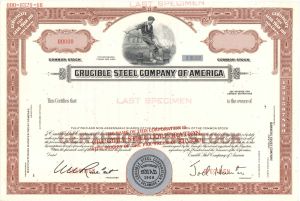 Crucible Steel Co. of America - Specimen Stock Certificate