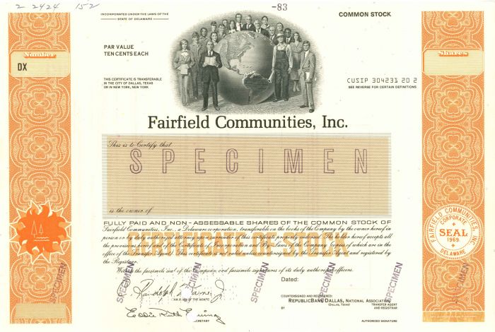 Fairfield Communities, Inc. - Stock Certificate - Timeshare Industry