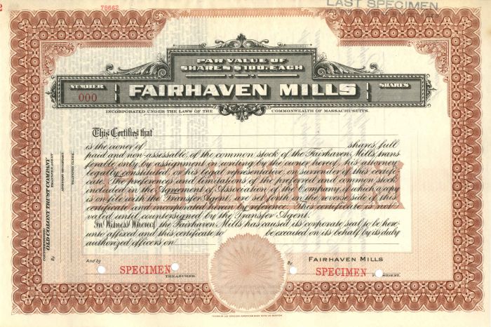 Fairhaven Mills - Specimen Stock Certificate